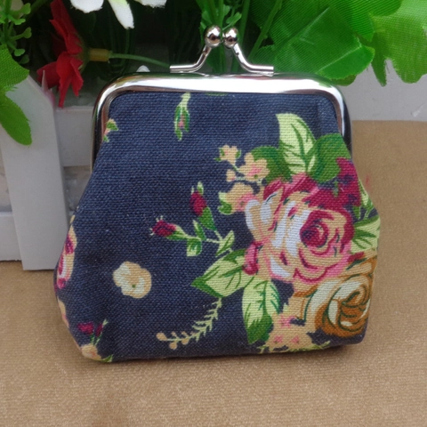 Vintage Floral Print Canvas Coin Purse Retro Metal Kiss-Lock Mini Key Pouch Small Wallet For Women Daily Organizer