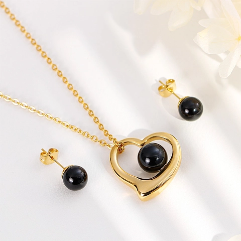 Collana Con Pendente A Cuore E Orecchini A Lobo Gioielli In Acciaio Inossidabile Con Perla Nera Moda Per Donna