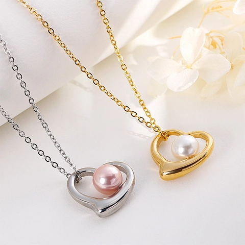 Collana Con Ciondolo A Cuore E Perla Artificial E Orecchini In Acciaio Inossidabile Gioielli Eleganti Da Donna