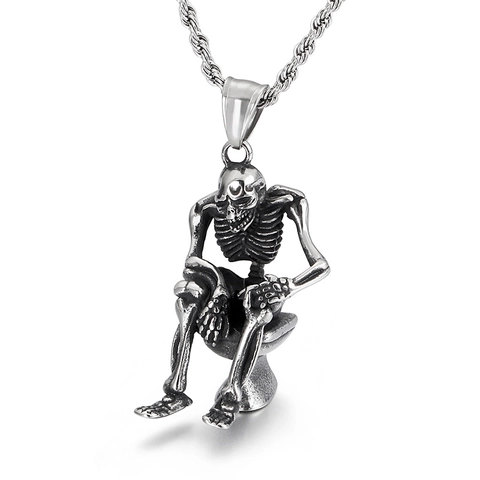 Skeleton Sitting On Toilet Pendant Stainless Steel Hip Hop Punk Gothic Novelty Jewelry For Men Women