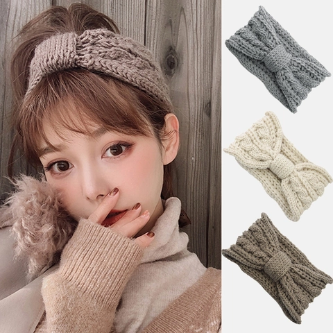 Knitted Headband Wide Brim Cable Knit Twist Knot Bowknot Winter Warm Ear Warmer Solid Color Retro Hair Accessories For Women