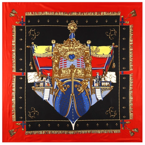 European Vintage Ship Print Satin Square Scarf Large Shawl Wrap For Women Classical Fleur-de-lis Decorative Printed Head Scarf