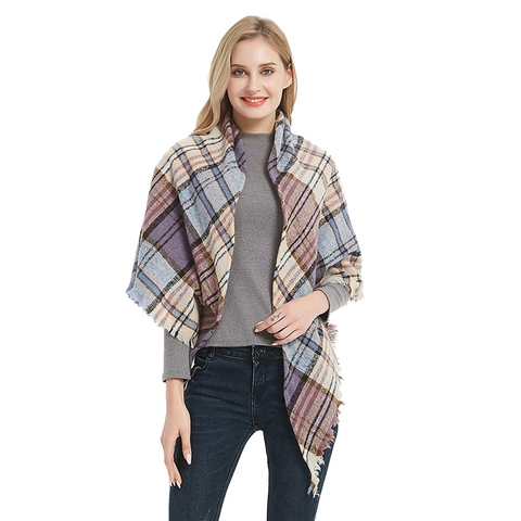 Women Plaid Triangle Shawl Scarf Winter Warm Polyester Grid Scarf With Tassels Casual Multi Color Neck Wrap For Autumn Winter