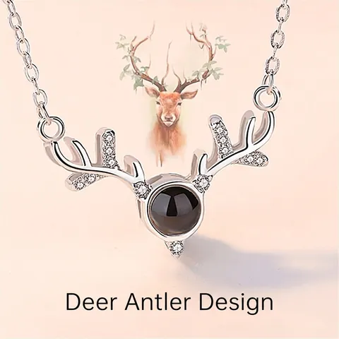 Fashion White Copper Deer Antler Pendant Necklace 100 Languages I Love You Projection Rhinestone Necklace For Women Jewelry Gift