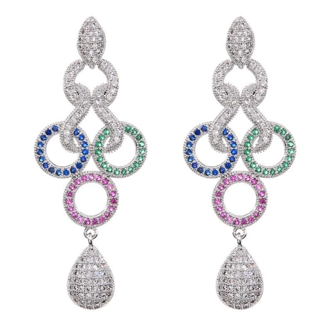 Elegant Copper Multi-Color Zirconia Long Tassel Drop Earrings With 925 Sterling Silver Earring Post For Women Fashion Jewelry