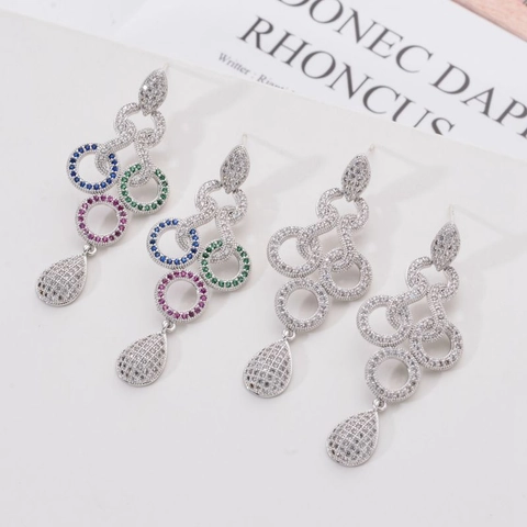 Elegant Copper Multi-Color Zirconia Long Tassel Drop Earrings With 925 Sterling Silver Earring Post For Women Fashion Jewelry