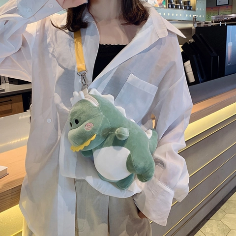 Simpatica Borsa a Tracolla in Peluche a Forma di Dinosauro per Donna Bambini Borsa a Spalla Animale Cartone Animato Morbida