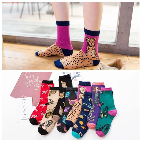 Damen Künstlerisch Bedruckte Crew Socken Baumwollmischung Mode Tier Schmetterling Muster Mittelhoch Socken Alltag Casual Sport