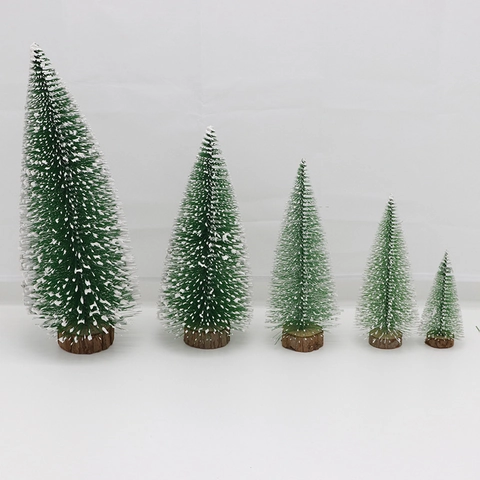 Mini Christmas Tree Artificial Pine Needle With Snow Effect Wood Base Desktop Festive Decoration
