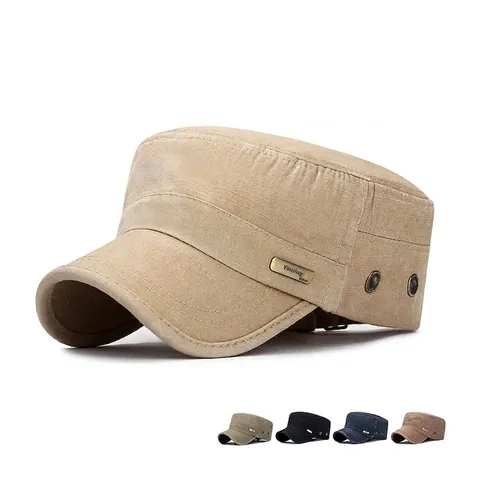 Herren Flat Top Cadet Cap Gewaschene Baumwolle Distressed Military Style Sommer Sonnenhut Verstellbar Mit Metallemblem