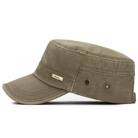 Herren Flat Top Cadet Cap Gewaschene Baumwolle Distressed Military Style Sommer Sonnenhut Verstellbar Mit Metallemblem