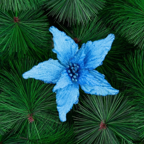 Artificial Christmas Poinsettia Flowers Blue Glitter Sequin Cloth For Christmas Tree Wreath DIY Holiday Decoration Ornaments