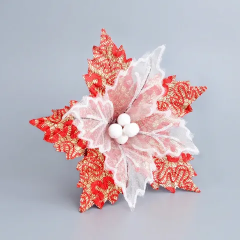 Artificial Christmas Poinsettia Flower Red White Glitter Mesh Fabric Xmas Tree Hanging Ornament Festive Decoration