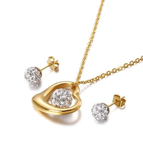Set Gioielli Da Donna In Acciaio Inossidabile Collana Con Cuore Scintillante E Orecchini A Lobo Con Sfera Di Cristallo