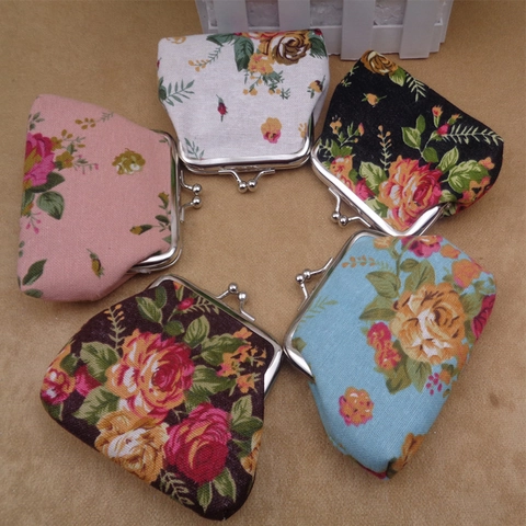 Vintage Floral Print Canvas Coin Purse Retro Metal Kiss-Lock Mini Key Pouch Small Wallet For Women Daily Organizer