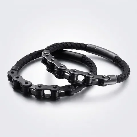 Men Braided Leather Bracelet With Stainless Steel Bicycle Chain Link Magnetic Clasp Industrial Punk Style