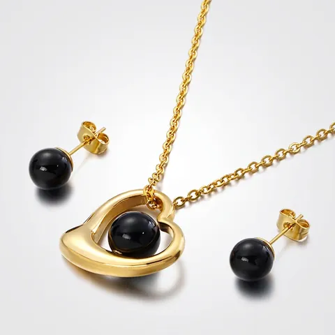 Collana Con Pendente A Cuore E Orecchini A Lobo Gioielli In Acciaio Inossidabile Con Perla Nera Moda Per Donna