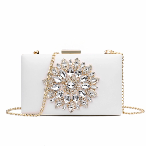 Rhinestone Evening Clutch Bag PU Leather Floral Crystal Shimmering Wedding Party Shoulder Handbag With Detachable Chain