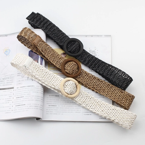 Cintura Intrecciata Casual da Donna Con Fibbia Tonda in Legno Cinturino Elastico Bohemienne per Vestiti Accessori