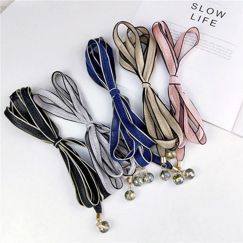 Écharpe Mince Ruban De Satin Étroit Pour Femmes Avec Pendentifs En Perles De Cristal Bandeau Élégant Cravate Ceinture