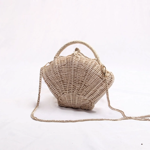 Bolso De Hombro Tejido De Paja Para Mujer Forma De Concha Con Cadena De Metal Ratán Vacaciones Playa Verano Estilo