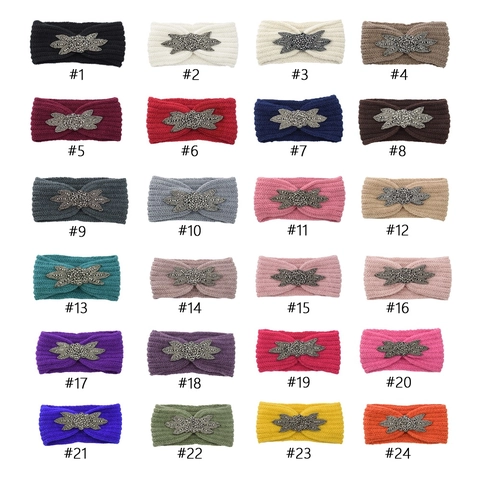 Women Winter Knitted Headband Twist Knot Wool Ear Warmer With Hand Sewn Rhinestone Crystal Leaf Bead Decor