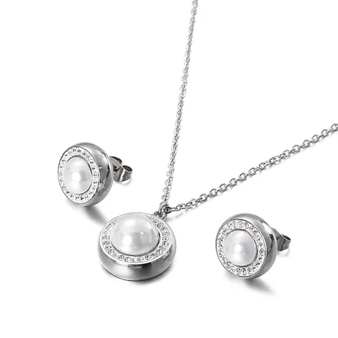 Collana Orecchini A Lobo In Acciaio Inossidabile Donna Strass Scintillanti Perla Artificial Di Conchiglia Rotonda Gioielli Accessori Moda