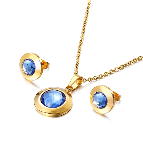 Juego de Joyas de Acero Inoxidable con Diamantes de Imitación Collar Redondo Pendientes de Botón Mujer Chapado en Oro
