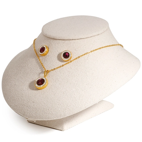 Ensemble Collier Et Boucles D'oreilles Cristal Rond Acier Inoxydable Plaque Or Bijoux Zircon Pour Femme Elegant