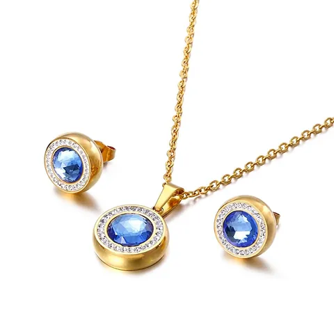 Ensemble Collier Et Boucles D'oreilles Cristal Rond Acier Inoxydable Plaque Or Bijoux Zircon Pour Femme Elegant
