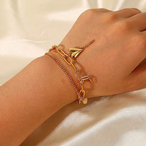 Fashion Double Layer Stainless Steel Heart Star Pendant Bracelet For Women 18K Gold Plated Minimalist Jewelry Gift