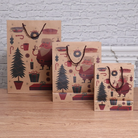 Weihnachts Geschenktüten Kraftpapier Handheld Festliche Verpackung Weihnachtsmann Schneemann Muster Vintage Urlaubszubehör