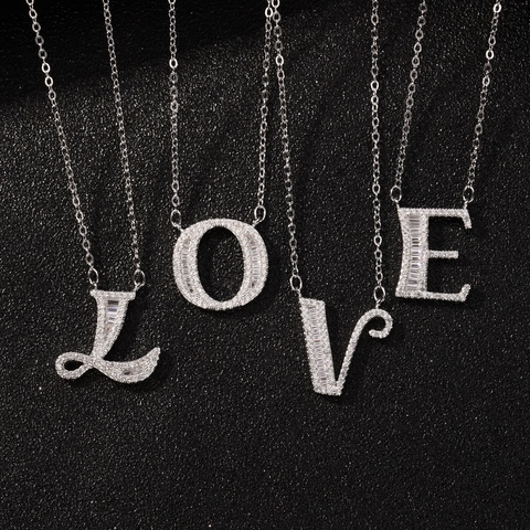 925 Sterling Silver Initial Letter Necklace For Women With Baguette Cubic Zirconia Dainty Clavicle Chain Jewelry