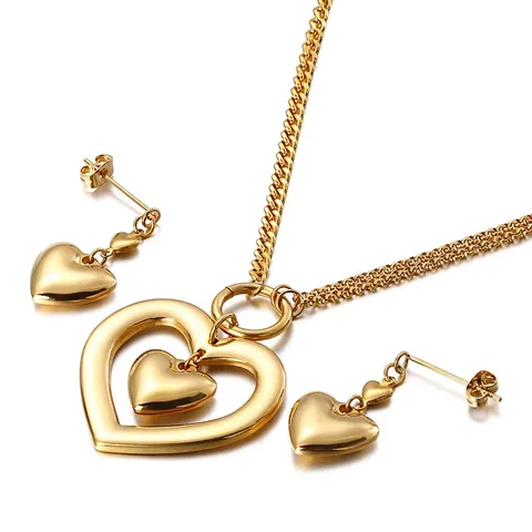 Hollow Heart Necklace And Earrings Stainless Steel Titanium Minimalist Fashion Jewelry Elegant Anniversary Wedding Gift For Women