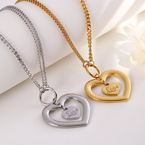 Collar Y Pendientes De Acero Inoxidable Doble Corazón Amor Grabado Hueco Joyería Romántica Regalo Para Mujeres