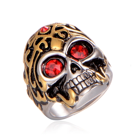 Vintage Punk Titanium Steel Skull Ring For Men Two Tone Retro Gothic Rhinestone Skeleton Biker Finger Ring Jewelry Gift