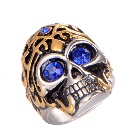 Vintage Punk Titanium Steel Skull Ring For Men Two Tone Retro Gothic Rhinestone Skeleton Biker Finger Ring Jewelry Gift