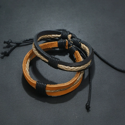 Mehrlagiges Verstellbares Geflochtenes Rindsleder Armband Mit Hanfseil Vintage Handgefertigter Schmuck Für Herren