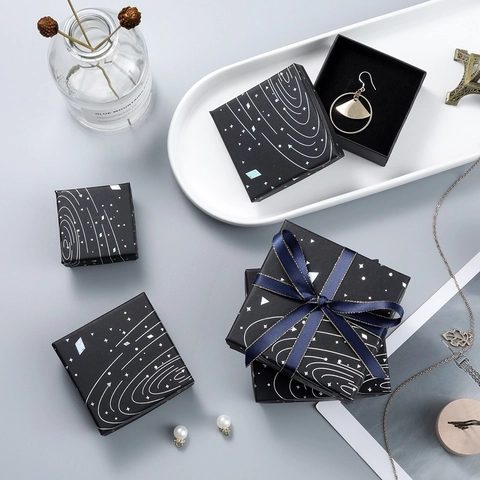 Starry Sky Jewelry Box Laser Silver Hot Stamping Cardboard Gift Packaging With Sponge Lining Elegant Black Case
