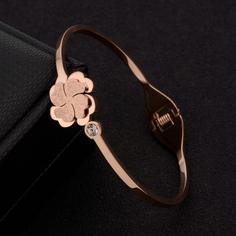 Four-Leaf Clover Bangle Rose Gold Titanium Steel Frosted Flower Petal With Inlaid Zircon Hinged Bracelet For Women