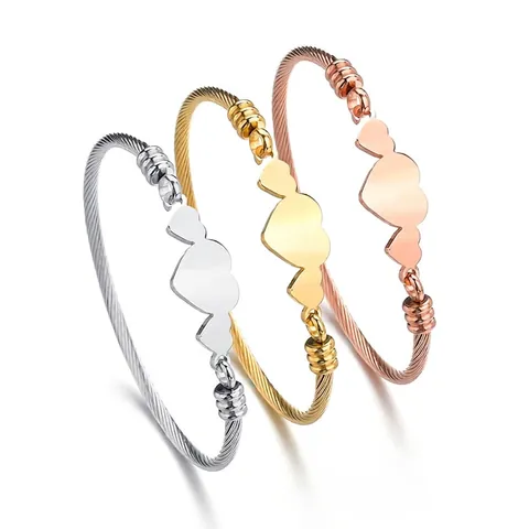 Heart Open Bangle Stainless Steel Heart Motif Twisted Cabled Wire Adjustable Cuff Bracelet For Women Jewelry