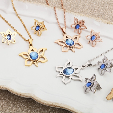 Collana E Orecchini A Loto Con Fiori Cavi In Acciaio Inossidabile Con Zircone Blu Gioielli Vintage Per Donna