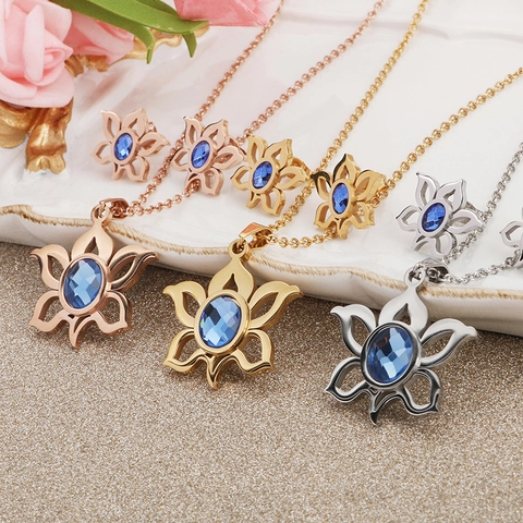 Collar Y Pendientes De Girasol Hueco Acero Inoxidable Circón Azul Joyas Florales Retro Para Mujeres