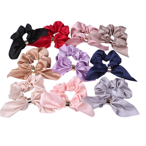 Satin Bow Scrunchie Hair Tie With Metal Ring Ornament Elegant Elastic Ponytail Holder For Women Girls