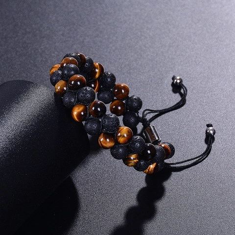 Double Row Beaded Bracelet Natural Tiger Eye Volcanic Lava Stone Adjustable Woven Braided Cord Jewelry For Men Women