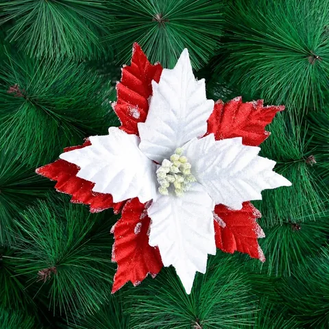Artificial Christmas Poinsettia Flower Red White Glitter Mesh Fabric Xmas Tree Hanging Ornament Festive Decoration