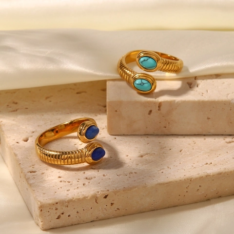 18K Gold Plated Stainless Steel Snake Open Ring For Women Threaded Band With Natural Stone Lapis Lazuli Turquoise Fashion Jewelry