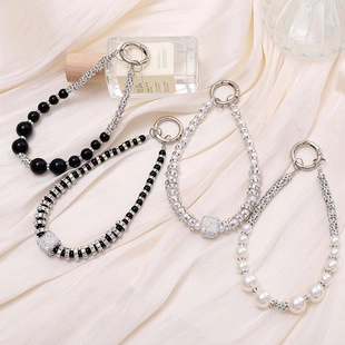 Cordon de Téléphone Perlé à la Main Porte-clés pour Femmes Luxe Alliage Strass Perle Artificielle Décoration de Sac Accessoire