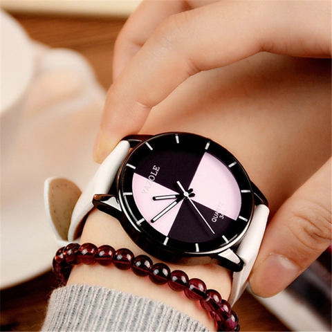Women Fashion Quartz Watch Minimalist Geometric Split Color Dial Leather Strap Waterproof Casual Elegant Wristwatch