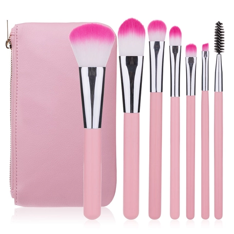 Pink Makeup Brushes Wood Handle Nylon Bristles Gradient Color Beauty Tools With PU Storage Bag